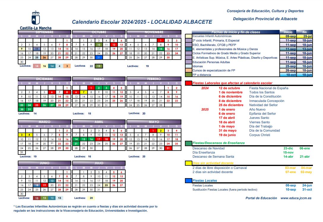 Calendario Escolar Albacete 2024-2025